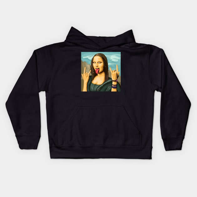 Mona Lisa rocks out - luxury painting with background - tongue out Kids Hoodie by SmerkinGherkin